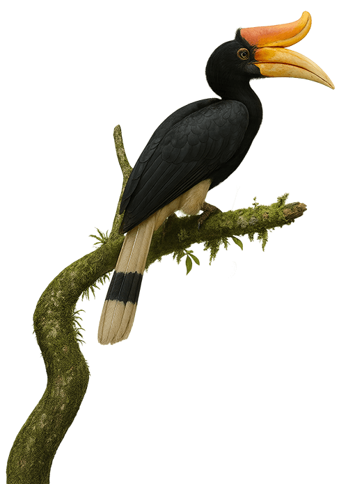 Rhinoceros hornbill perched on a mossy branch
